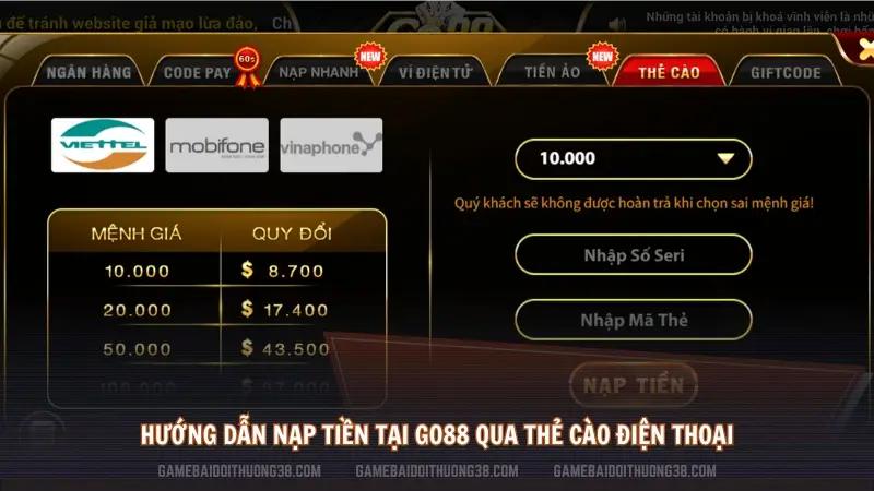 Hướng dẫn nạp tiền tại Go88 qua thẻ cào điện thoại